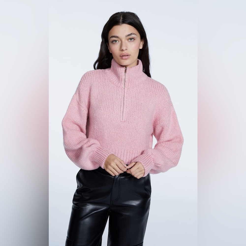 Stradivarius pink half zip crop sweater